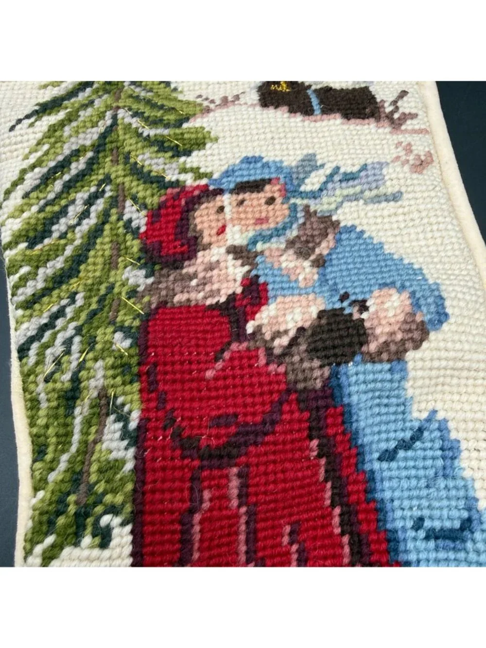 Vtg Needlepoint Christmas Stocking Victorian Carolers Winter Scene 20